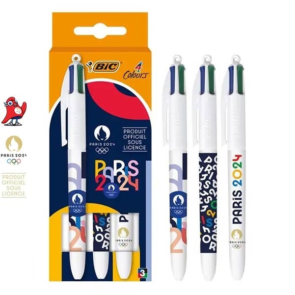 COFFRET 3 Stylos BIC 4 Couleurs JO Paris 2024 - Décor aléatoire