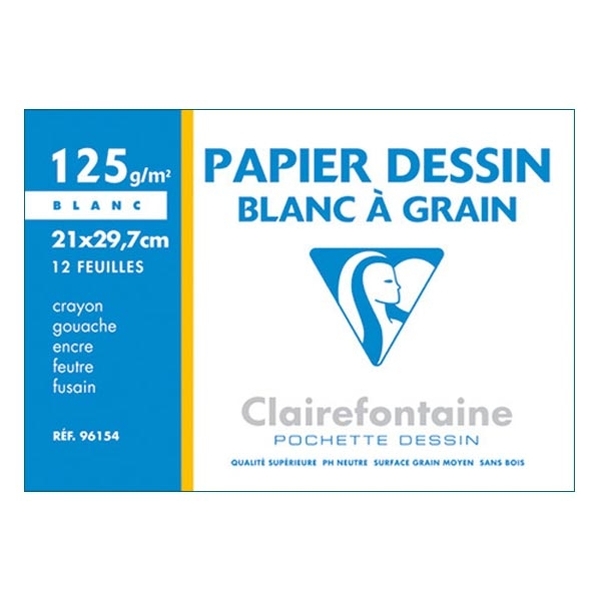 Pochette 12 feuilles dessin à grain Clairefontaine 24x32 cm 125g blanches