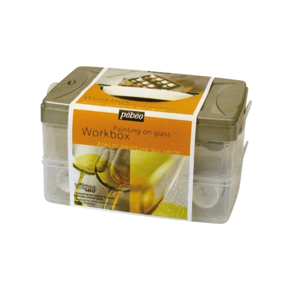 Coffret de 10 gouaches sur verre Pébéo avec une mini palette, un tube cerne relief or et un pinceau