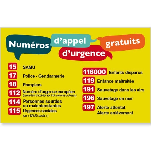 25 Cartes Mémo avec numéros d'appel d'urgence