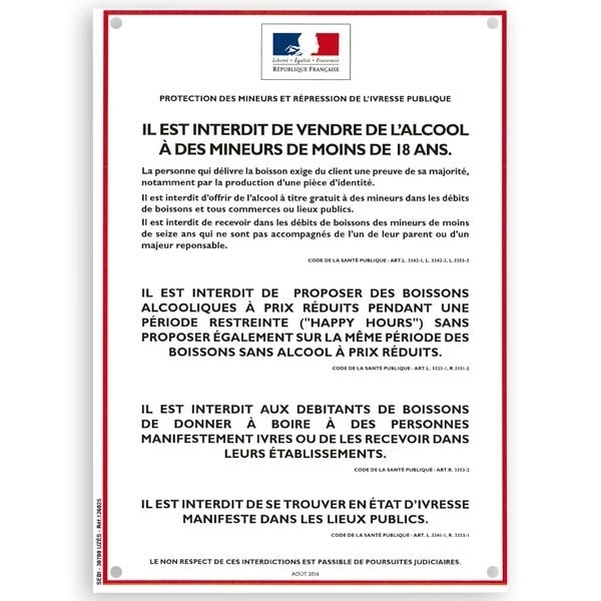 Plaque PVC A4 - Réglementation vente alcool sur place