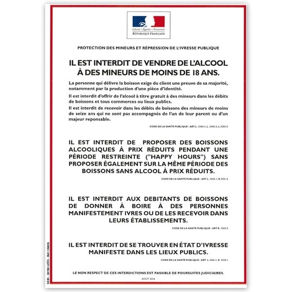 Plaque adhésive A4 - Réglementation vente alcool sur place