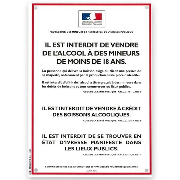 Plaque PVC A4 - Réglementation vente alcool à emporter