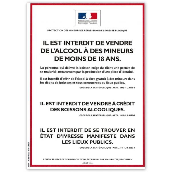 Plaque adhésive A4 - Réglementation vente alcool à emporter