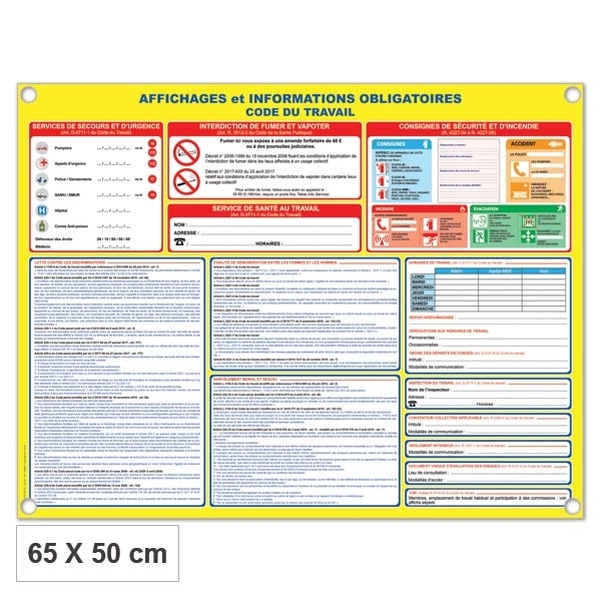 Plaque PVC - Affichage obligatoire Code du travail 65x50 cm