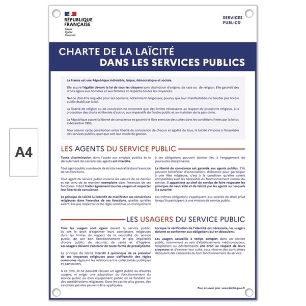 Plaque PVC A4 - Charte de la laïcité dans les services publics