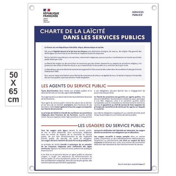 Plaque PVC 50 x 65 cm - Charte de la laïcité dans les services publics