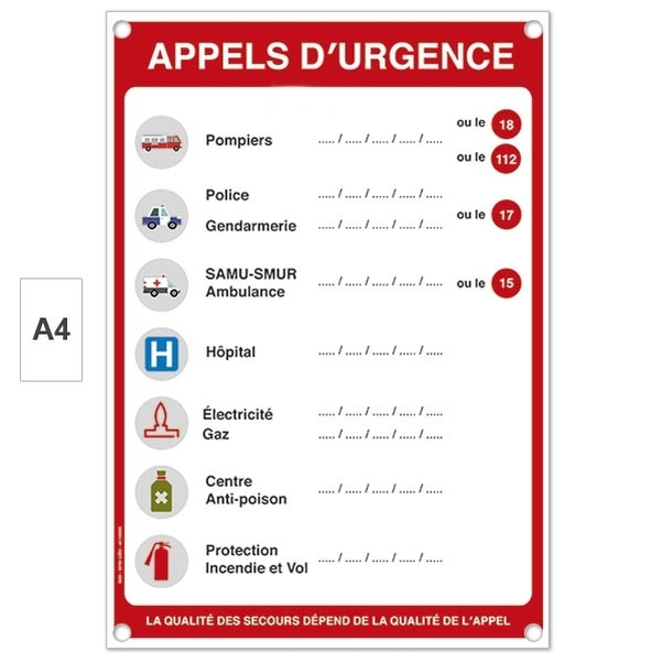Plaque en PVC Appels d'urgence A4