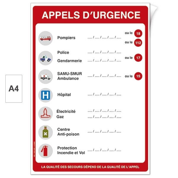 Plaque adhésive Appels d'urgence A4