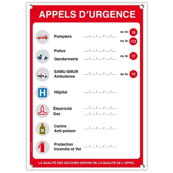 Plaque en PVC Appels d'urgence A3