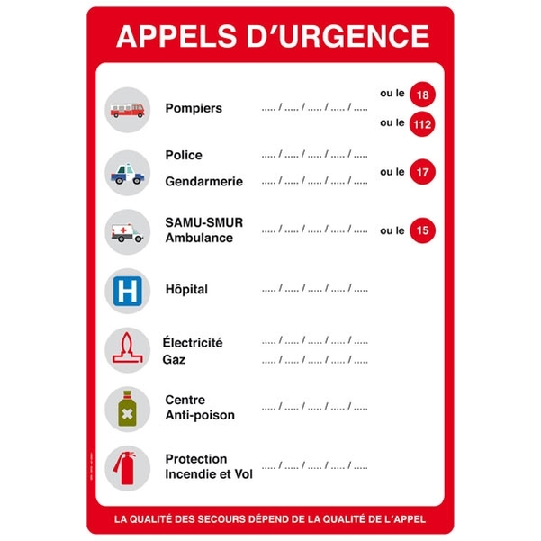 Plaque adhésive Appels d'urgence A3