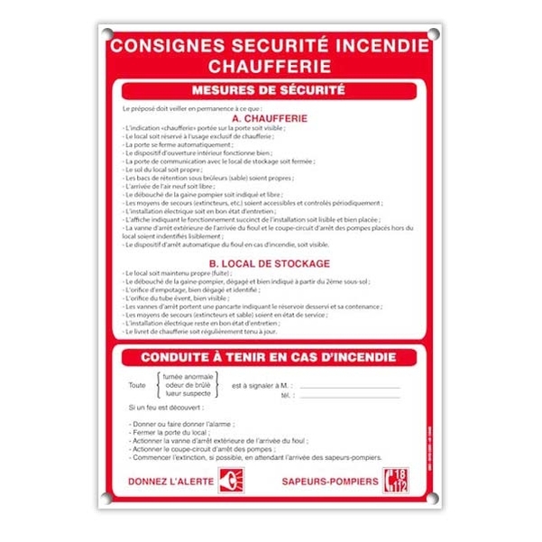 Plaque A4 Consignes de sécurité pour chaufferie