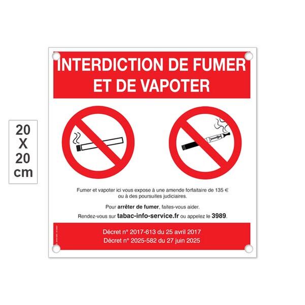 Plaque PVC 20x20 cm - Interdiction de fumer et de vapoter avec les décrets