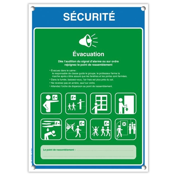 Plaque PVC A4 Consignes d'évacuation - Version 2