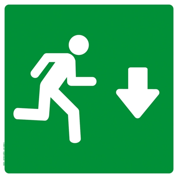 Pictogramme adhésif 20x20 cm " Sortie de secours avec flèche vers le bas "