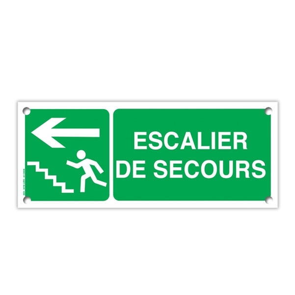 Plaque PVC 25x10 cm "Escalier de secours avec pictogramme et flèche à gauche"