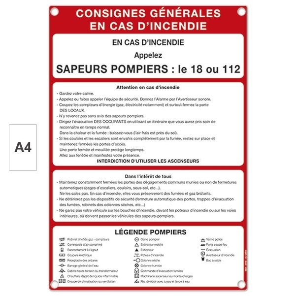 Plaque en PVC de Consignes en cas d'incendie