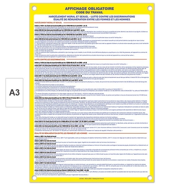 Plaque PVC A3 - Affichage obligatoire contre le harcèlement