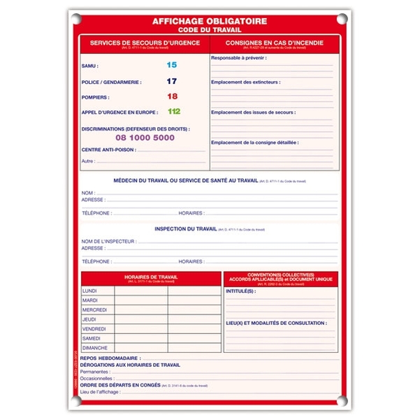Plaque PVC A3 - Affichage obligatoire code du travail