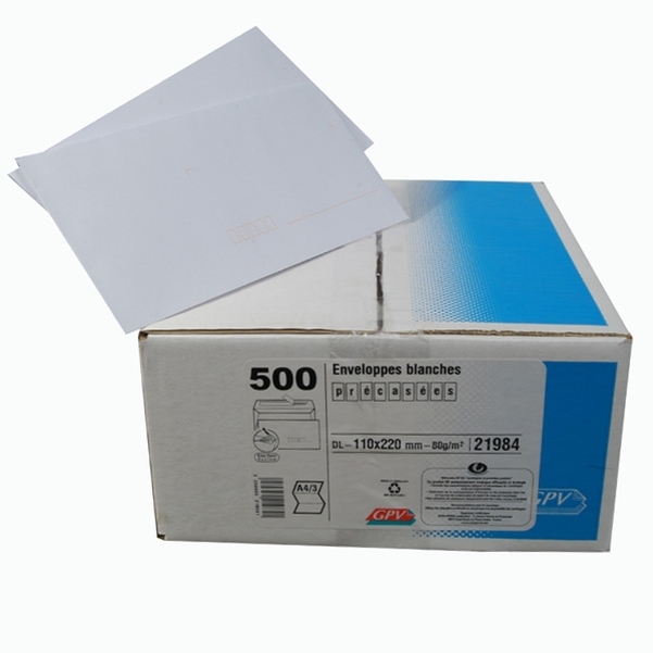 500 Enveloppes DL blanches sans fenêtre précasées 80g