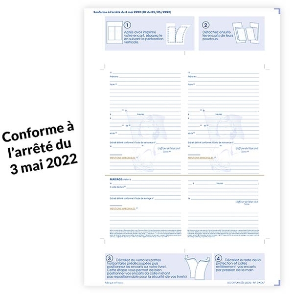 Lot de 10 Encarts Mariage adhésif avec pointillés pour livret de famille Informatique PCV - MODÈLE 2022