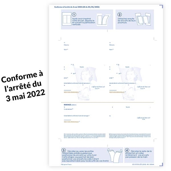Lot de 10 Encarts Mariage adhésif sans pointillé pour livret de famille Informatique PCV - MODÈLE 2022