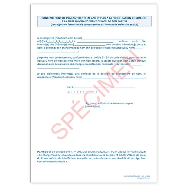 Formulaire de consentement de changement de nom pour enfant de treize ans et plus