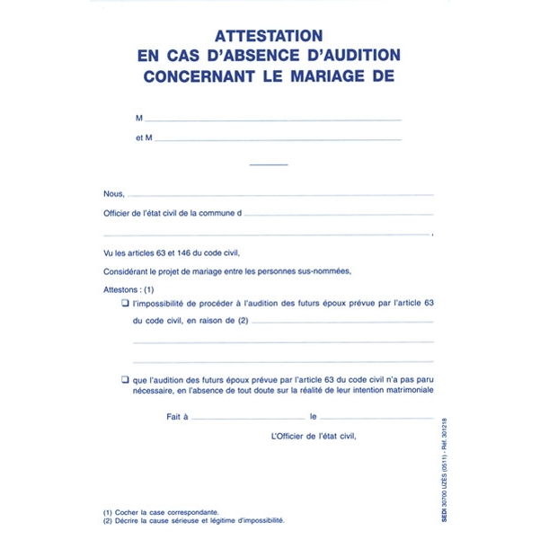 Attestation d'absence d'audition en vue de la publication du mariage