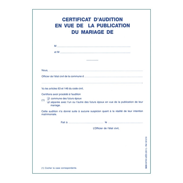 Certificat d'audition en vue de la publication du mariage