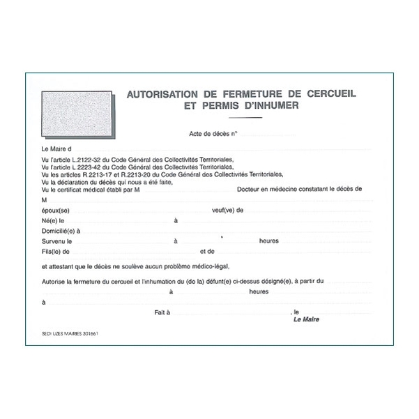 Autorisation de fermeture de cercueil et d'inhumation