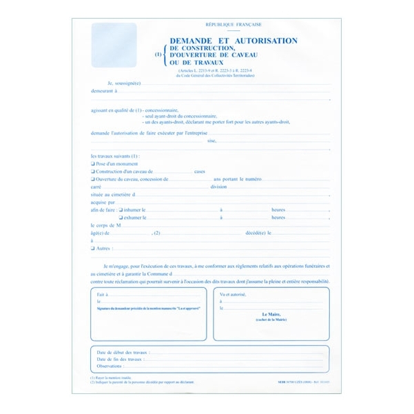 Demande et autorisation de construction, d'ouverture de caveau ou d'autres travaux