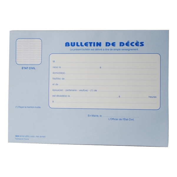Bloc de 50 Bulletins de décès