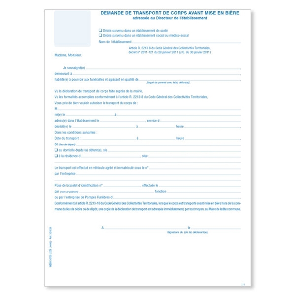 Déclaration préalable de transport de corps avant mise en bière pour établissement de santé, social ou médico-social - Liasse 4 feuillets