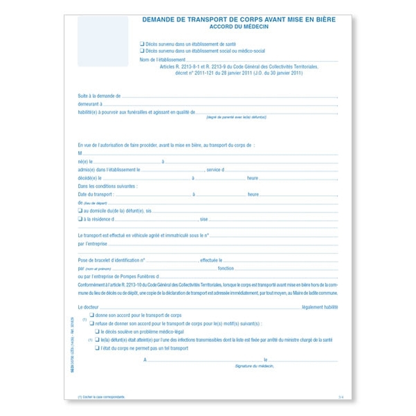 Déclaration préalable de transport de corps avant mise en bière pour établissement de santé, social ou médico-social - Liasse 4 feuillets - Vignette 2