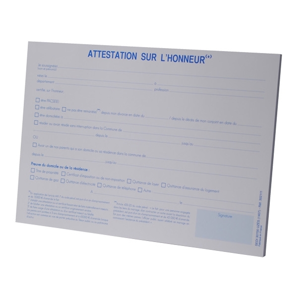 Attestation sur l'honneur
