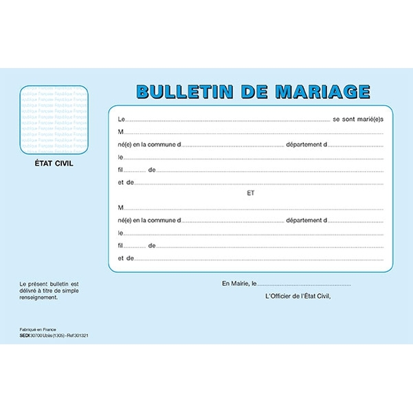 Bulletin de mariage - Liasse de 3 feuillets
