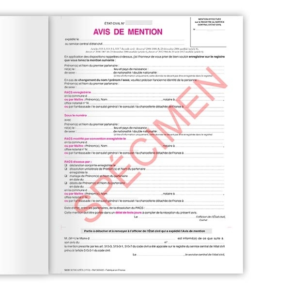 Carnet d'avis de mention au registre du service central de l'état civil - Vignette 2