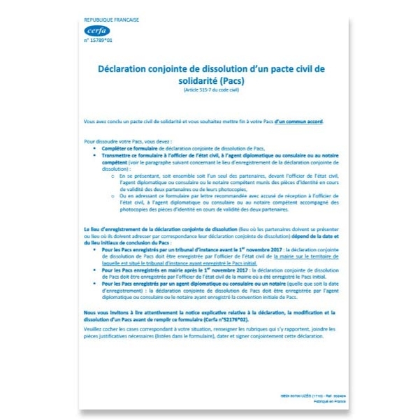 Déclaration conjointe de dissolution du PACS