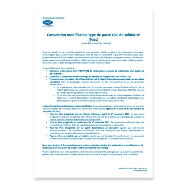 Convention modificative type pour PACS