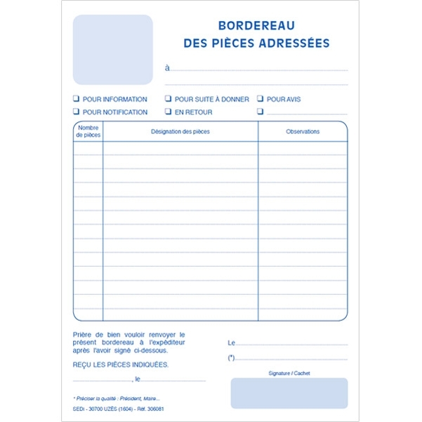 Bordereau des pièces envoyées en A5
