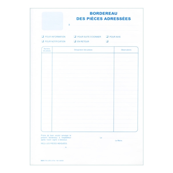 Bordereau des pièces envoyées, double volet A4