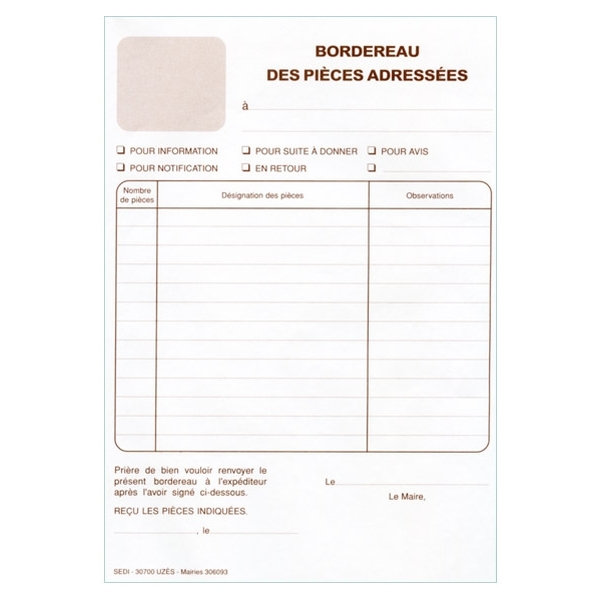 Bordereau des pièces envoyées, double volet A5