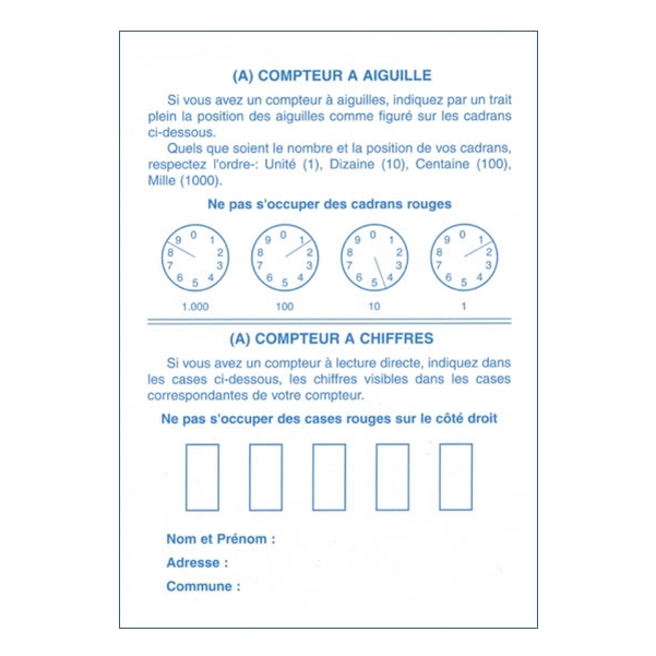 Relevé de compteur d'eau avec indications sur cadrans à aiguilles ou à chiffres