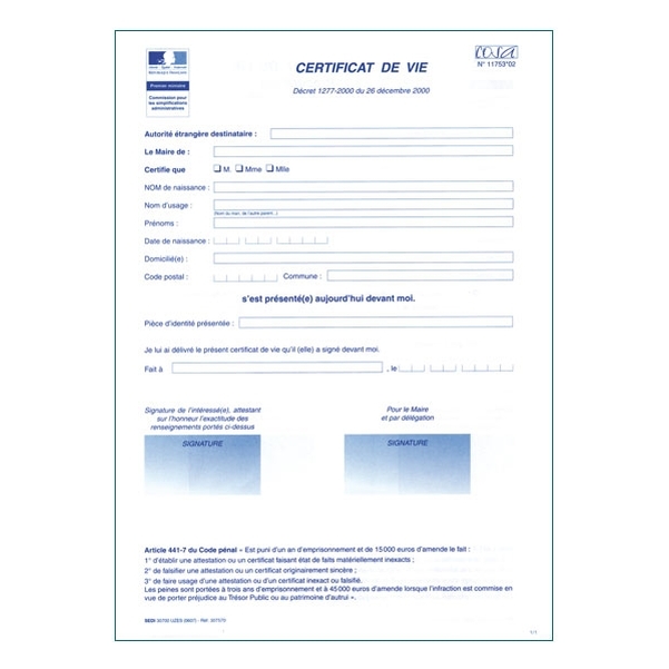 Certificat de vie et certificat de vie par procuration