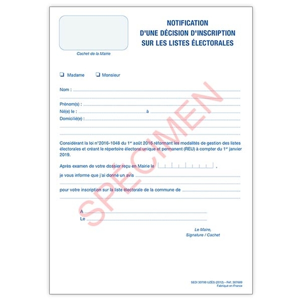 Notification d'une décision d'inscription sur les listes électorales