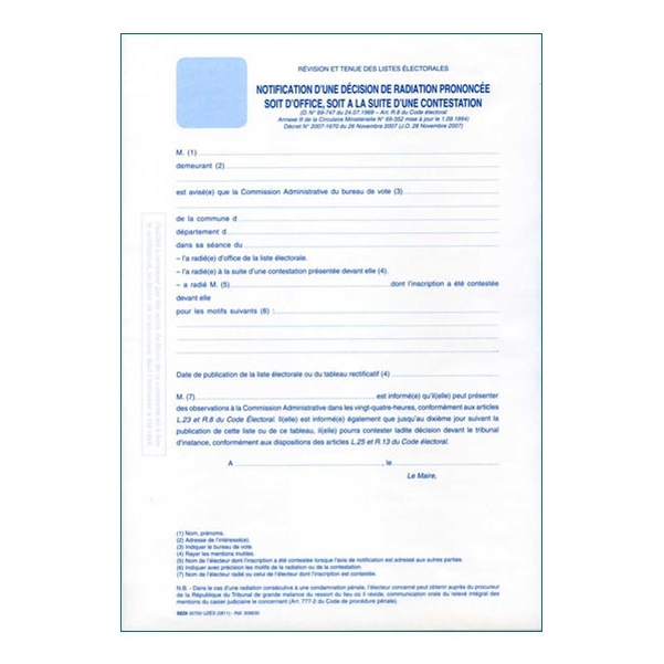 Notification d'une décision de radiation