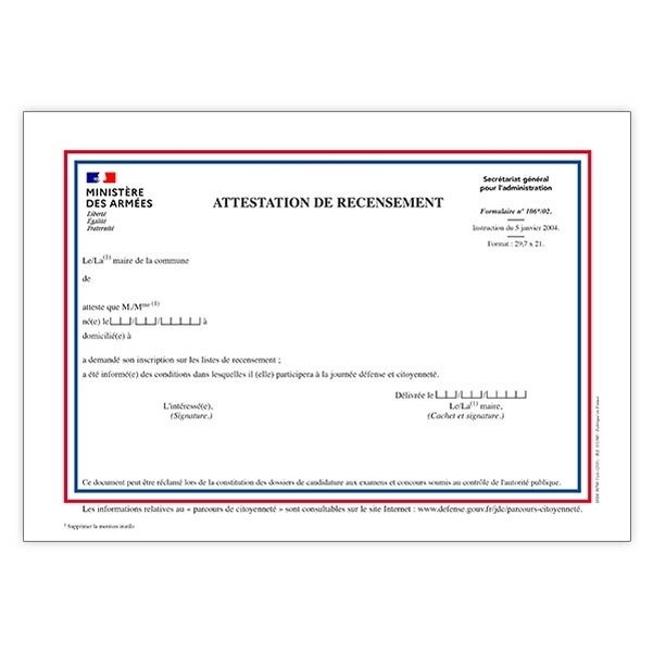 Attestation de recensement militaire pré-remplie 120g - Paquet de 50