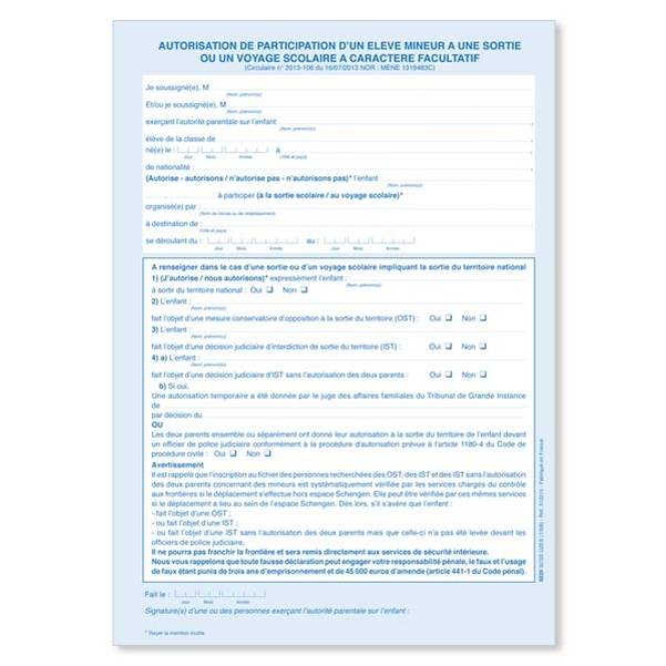 Autorisation de participation d'un élève mineur à une sortie ou un voyage scolaire à caractère facultatif