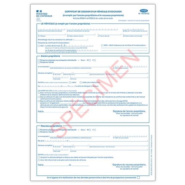 Certificat de cesssion d'un véhicule d'occasion
