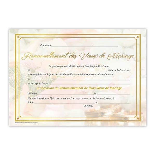 Diplôme renouvellement des voeux de mariage